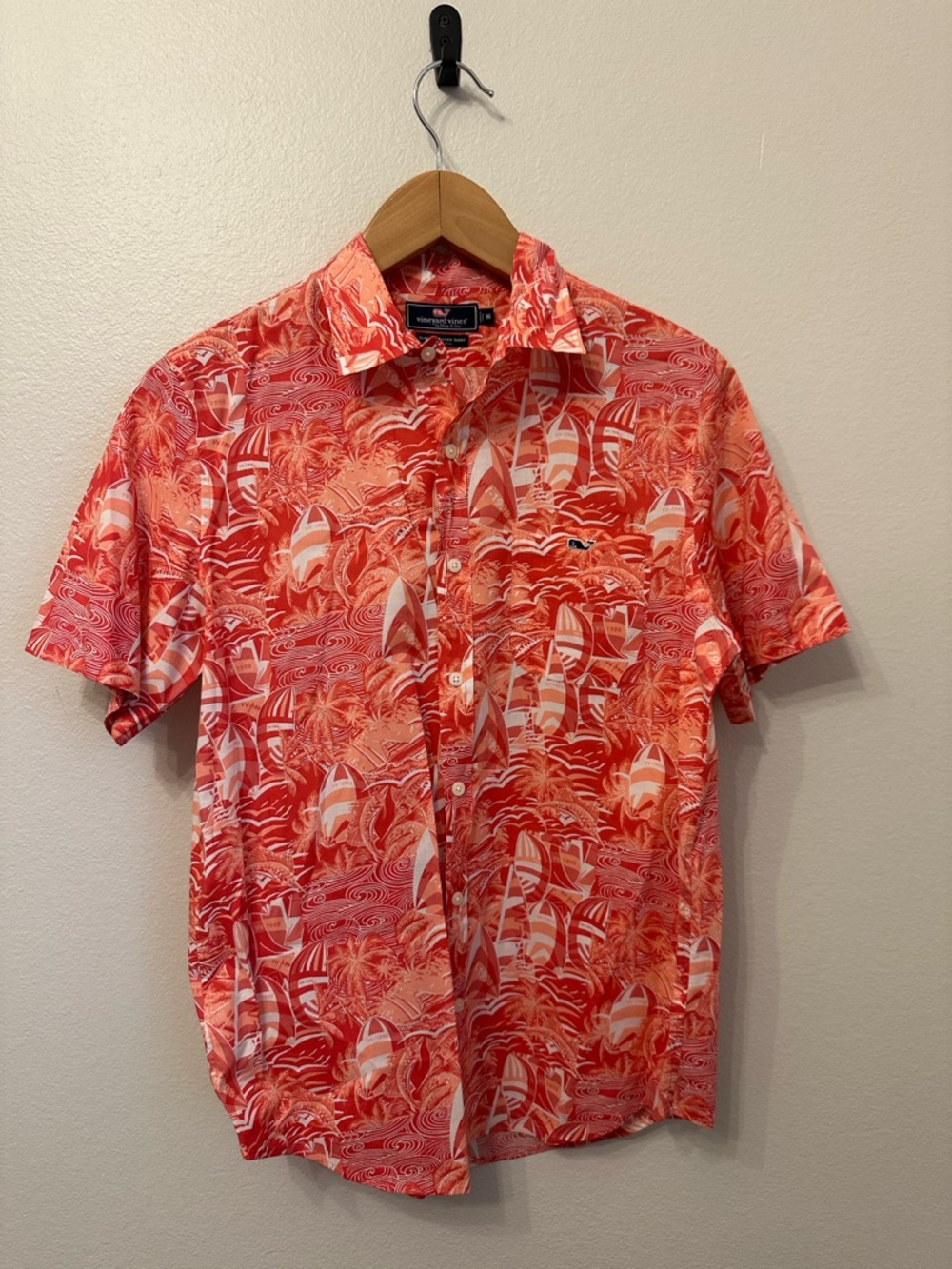 Vineyard Vines Red and White Tropical Sailboat Print Button-Down Shirt